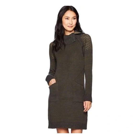 PRANA Green Archer Snap Cowl Neck Sweater Dress Wool Blend Pockets Boho Cozy L - Picture 1 of 8